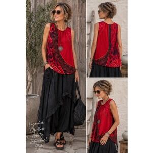 Cabi Red Mixed Print Sleeveless‎ Silk Blend Blouse Back Zip Lagenlook Top M